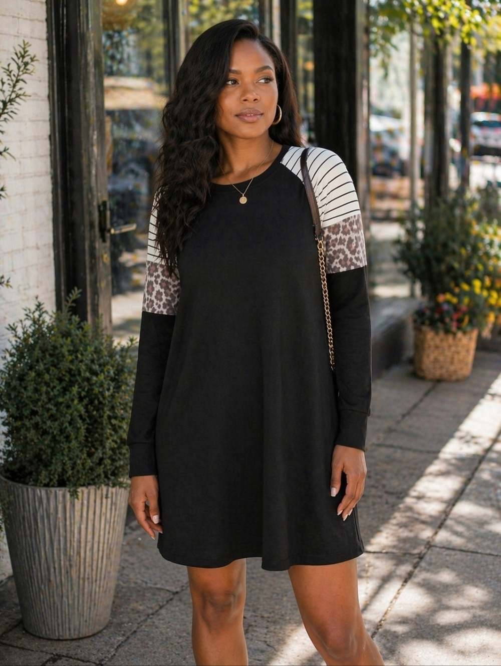 Leopard Sleeve Black Sporty Mini Dress Casual Spring Look